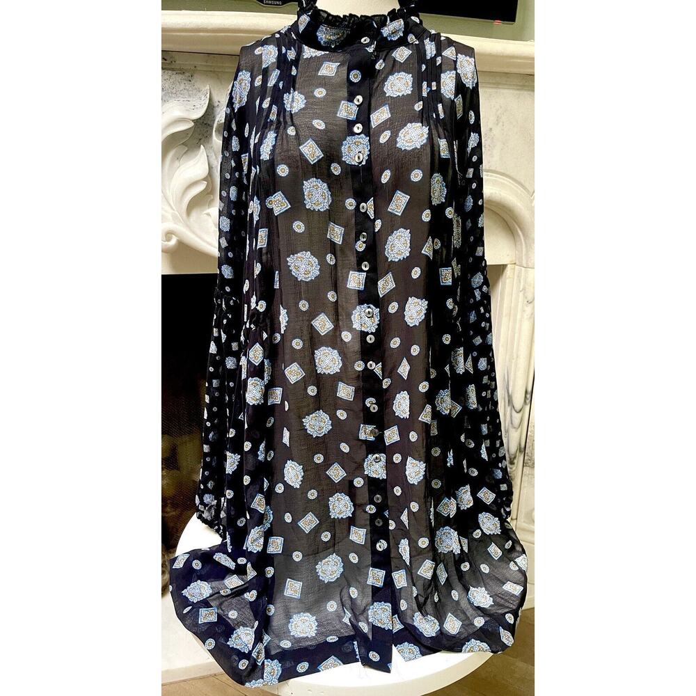 Free People black paisley Sheer Mock Neck Mini Dress flare top sz L Black